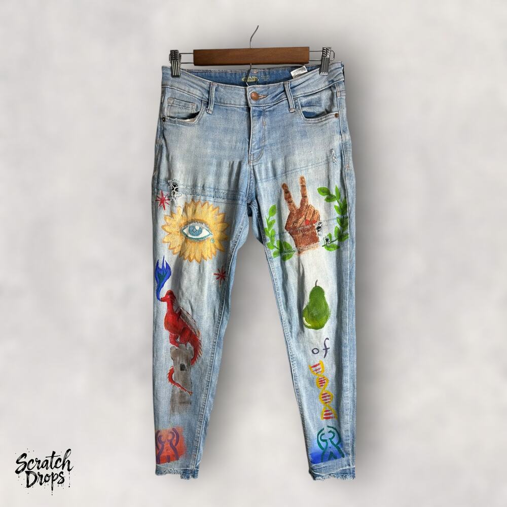 Old Navy Size 6 Women's Jeans Hand Painted Artistic Denim Pants Unique Style